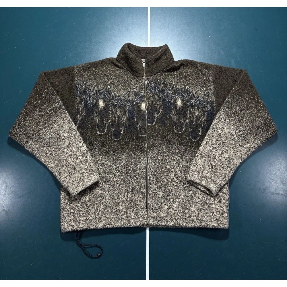 Vintage Horses Fleece Full Zip Jacket Medium Nature Equestrian Horse AOP‎ 90s